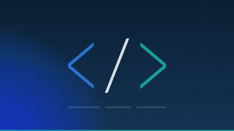 Abstract code brackets and slash on a deep navy background